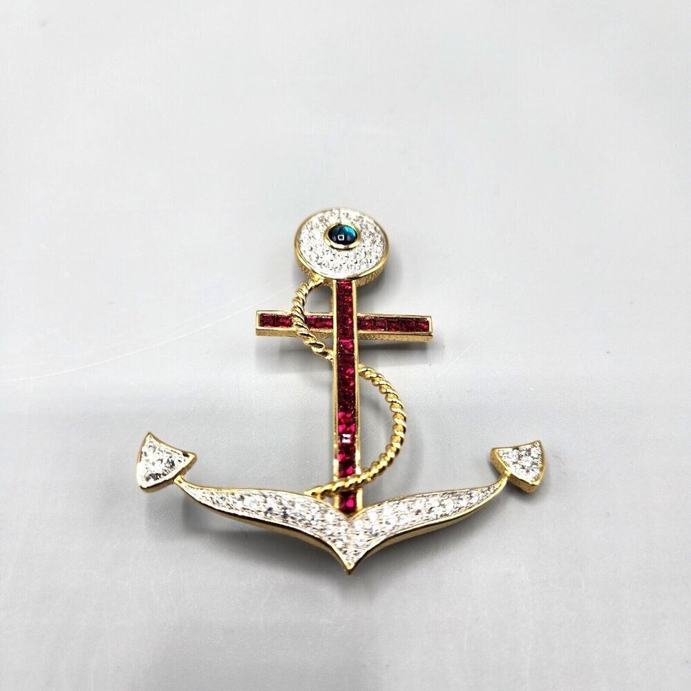Butler Anchor Brooch Red White Green Crystal Maritime Nautical Costume Jewelry